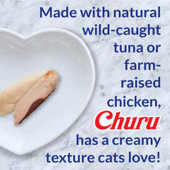 INABA Churu Puree Cat Treats - Tuna & Chicken Varieties Bulk Pack 50 x 14g served in a heart-shaped bowl with creamy texture.