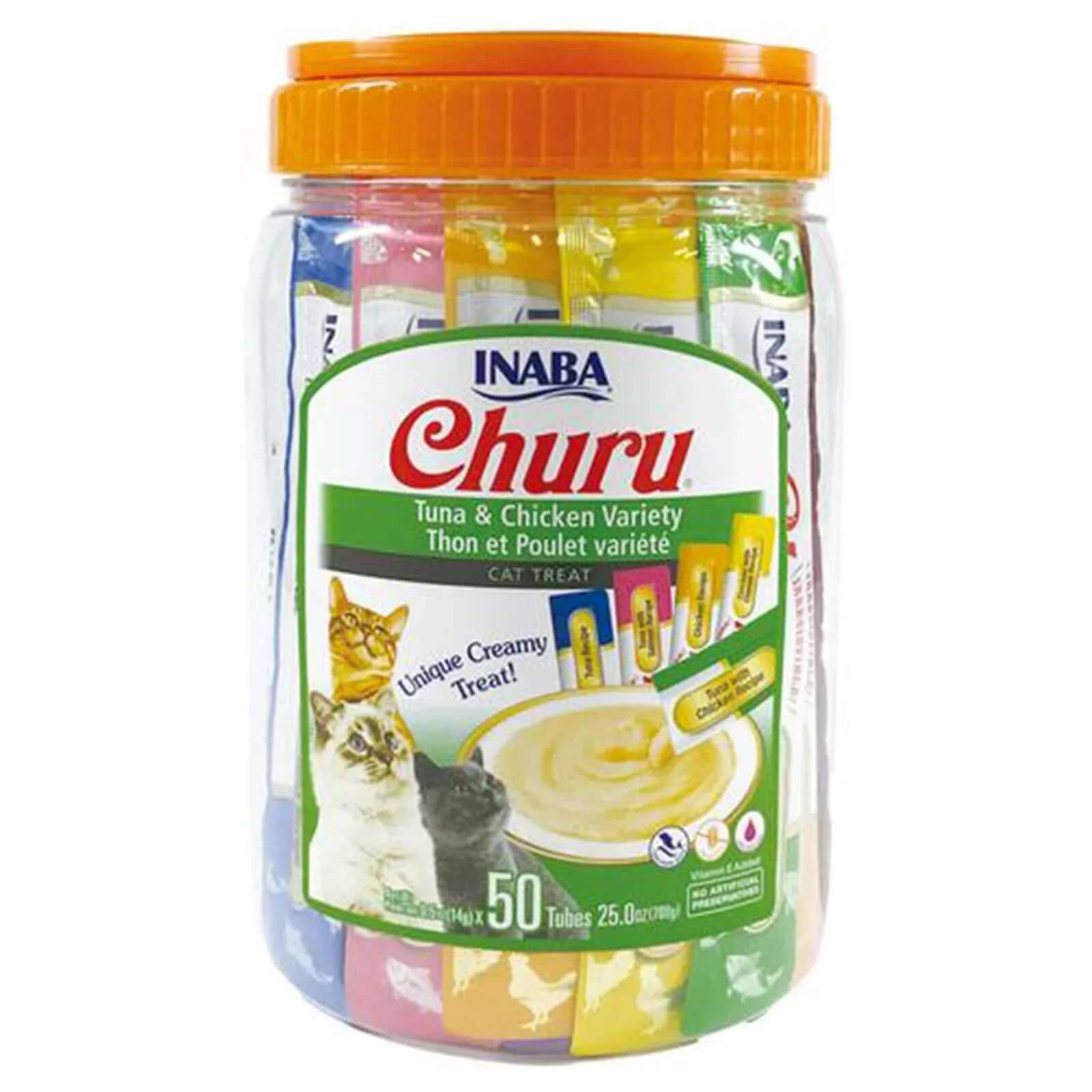 INABA Churu Puree Cat Treats - Tuna & Chicken Varieties Bulk Pack 50 x 14g with creamy purees for cats.