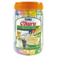 INABA Churu Puree Cat Treats - Tuna & Chicken Varieties Bulk Pack 50 x 14g with creamy purees for cats.