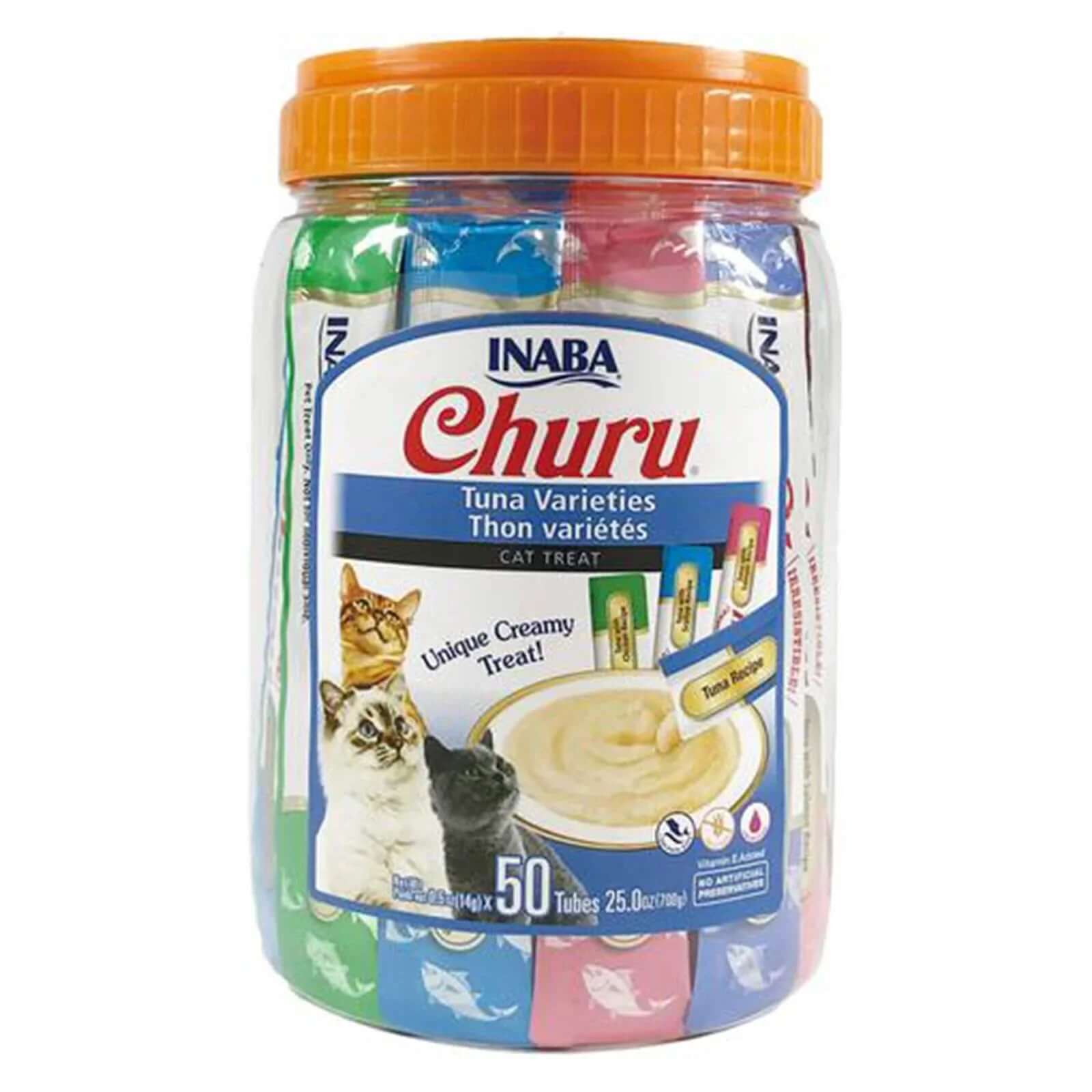INABA Churu Puree Cat Treats - Tuna Varieties Bulk Pack 50 x 14g in a clear tub with colorful tubes.