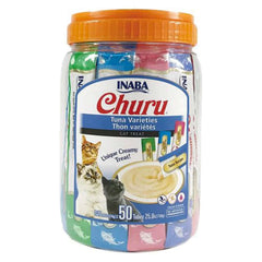 INABA Churu Puree Cat Treats - Tuna Varieties Bulk Pack 50 x 14g in a clear tub with colorful tubes.