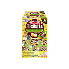 INABA Churu Tidbits Chicken With Dashi Flavor (8 x 12g Packs) packaging featuring cat treats.