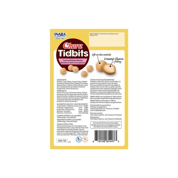 INABA Churu Tidbits Tuna And Salmon Flavor (8 x 12g Packs) package featuring creamy Churu filling and fun treats.
