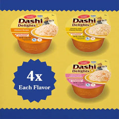 INABA Dashi Delights Chicken Variety Pack Cat Treats 12 Cups featuring chicken and salmon recipes.