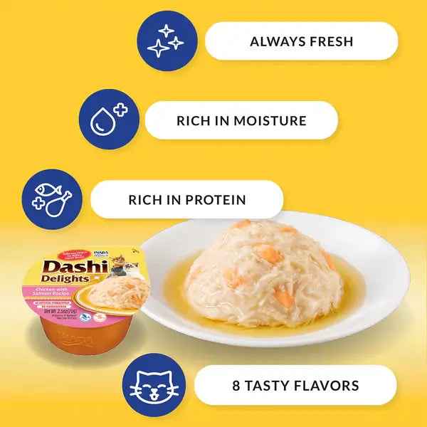 INABA Dashi Delights Chicken Variety Pack Cat Treats 12 Cups on a plate with highlighted benefits.