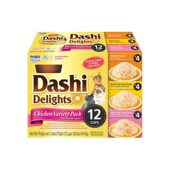 INABA Dashi Delights Chicken Variety Pack Cat Treats 12 Cups packaging with chicken recipes