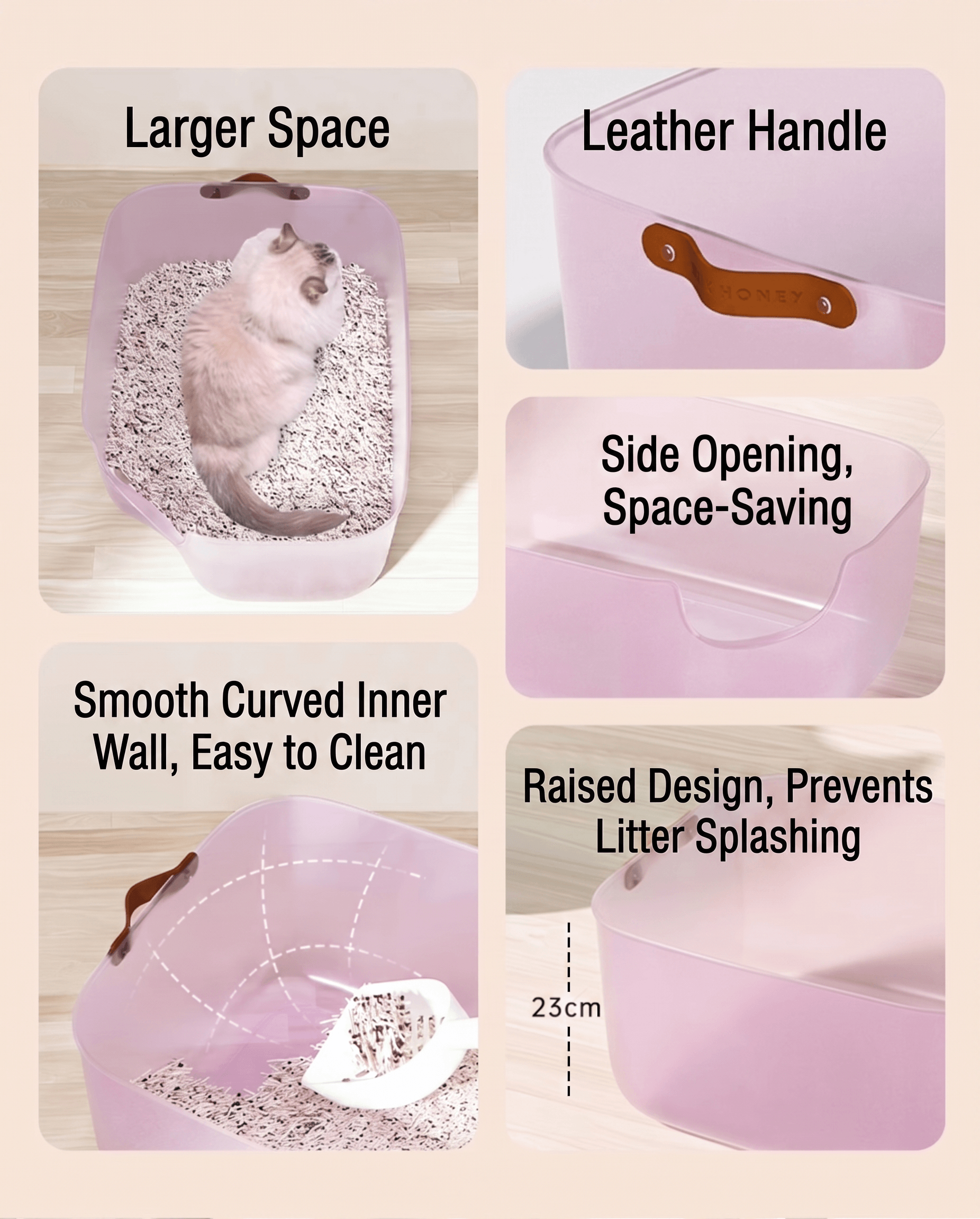 Image showcasing JellyGiant Large Pudding Open Cat Litter Trays features: larger space, leather handle, space-saving side opening, easy to clean design.