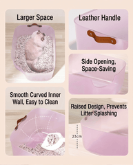 Image showcasing JellyGiant Large Pudding Open Cat Litter Trays features: larger space, leather handle, space-saving side opening, easy to clean design.