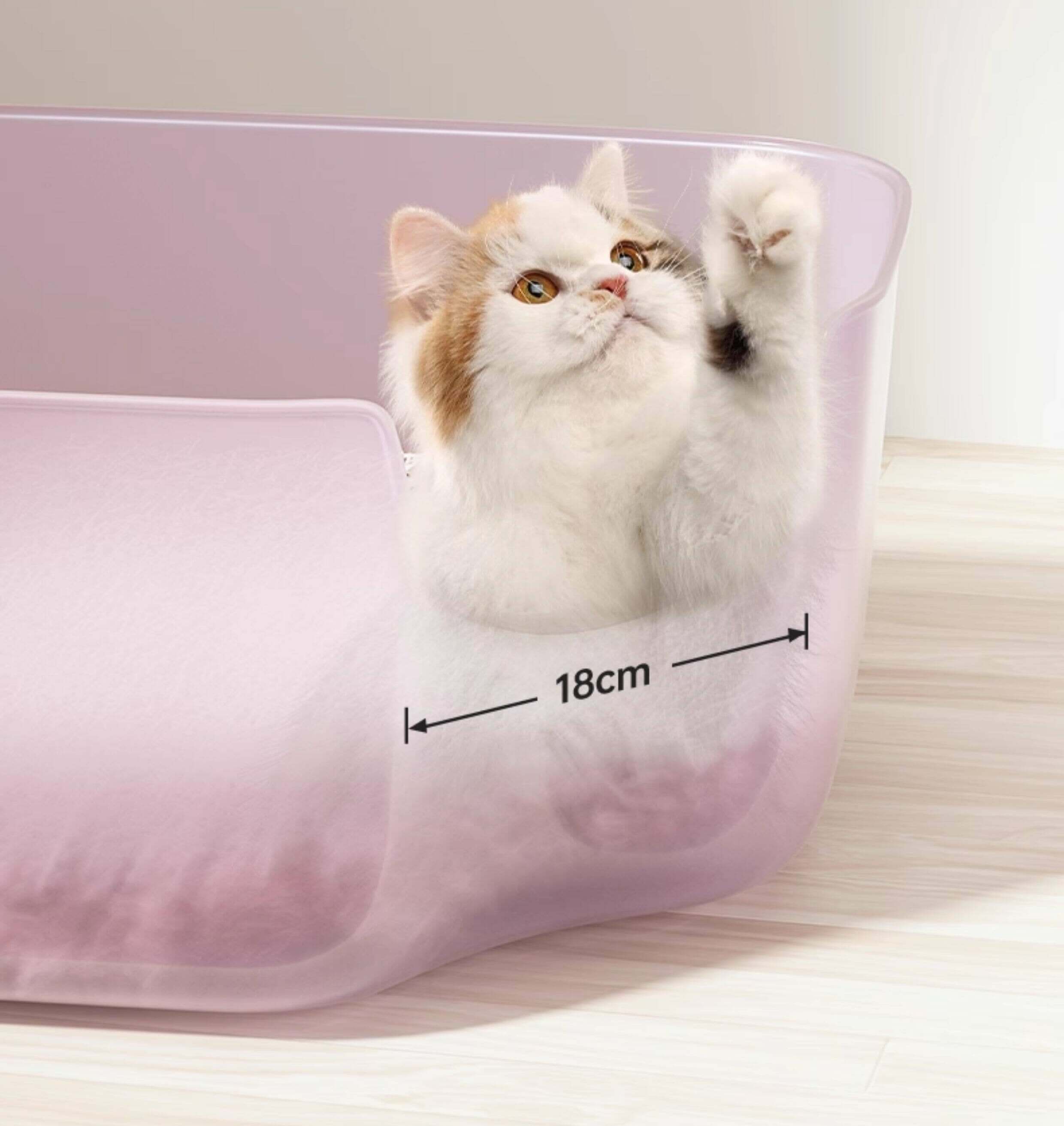 JellyGiant Large Pudding Open Cat Litter Trays with a playful cat measuring 18cm high.