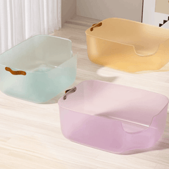 Stylish pastel pet storage bins for cats and dogs, ideal for organizing pet supplies at home.