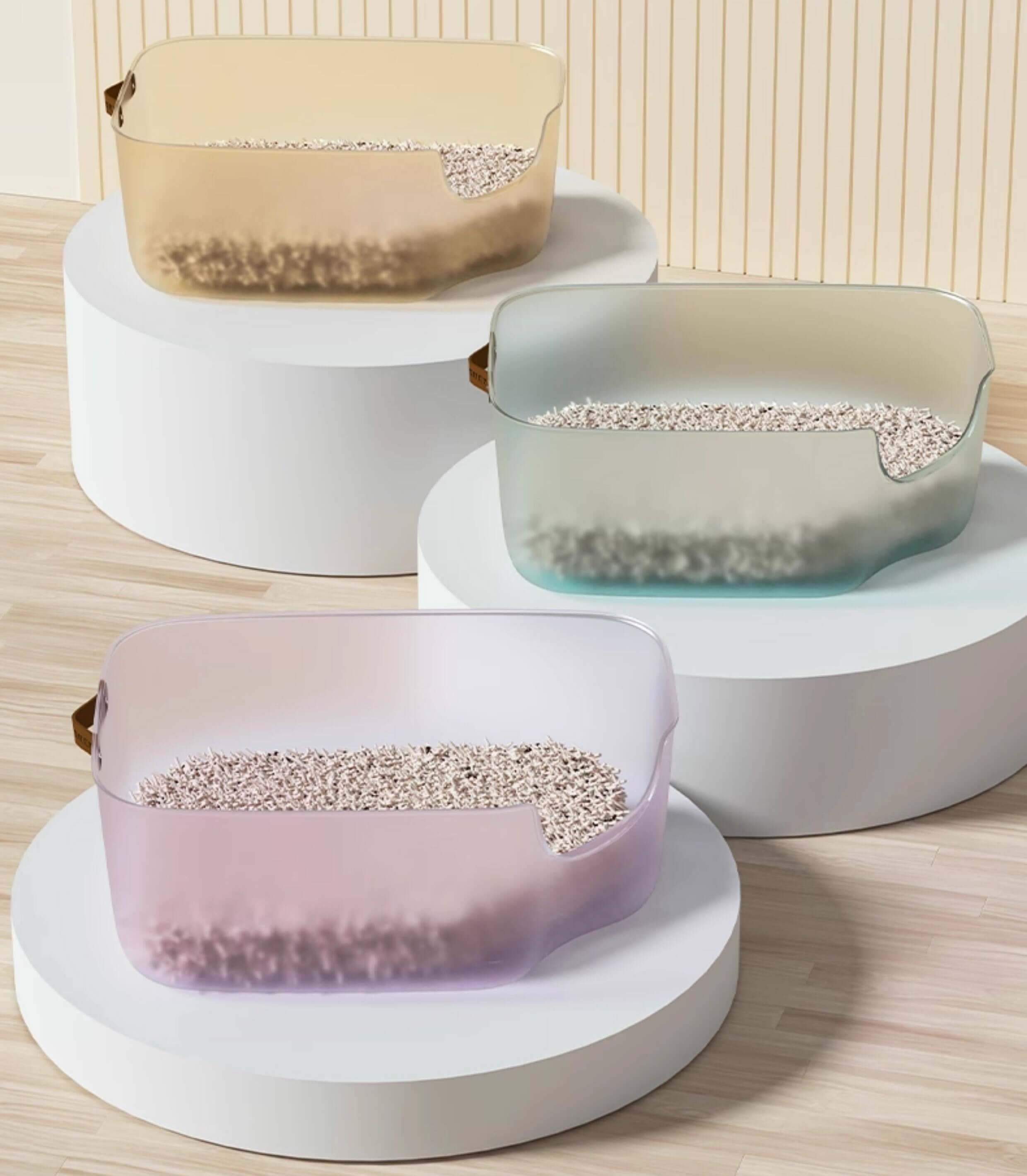 JellyGiant Large Pudding Open Cat Litter Trays in various colors with litter inside, ideal for big cats and multi-cat homes.