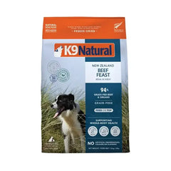 K9 Natural Grain Free Beef Feast Freeze Dried Raw Dog Food 1.8KG packaging featuring a dog, grass-fed beef, and health benefits.