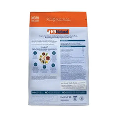 K9 Natural Grain Free Beef Feast Freeze Dried Raw Dog Food 1.8KG package back view showcasing natural ingredients and feeding instructions