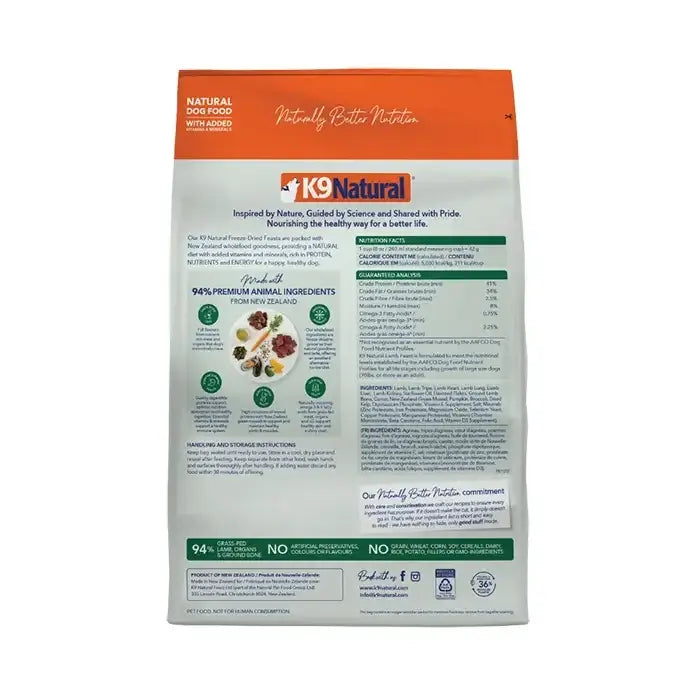 K9 Natural Grain Free Lamb Feast Freeze Dried Raw Dog Food 1.8KG packaging back with ingredients and nutritional info.