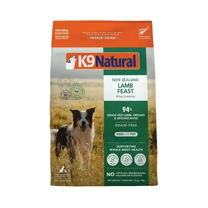 K9 Natural Grain Free Lamb Feast Freeze Dried Raw Dog Food 1.8KG packaging with dog and field backdrop.