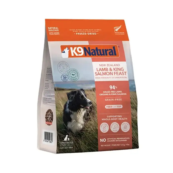 K9 Natural Grain Free Lamb & Salmon Freeze Dried Raw Dog Food 1.8KG packaging with a dog in the background.