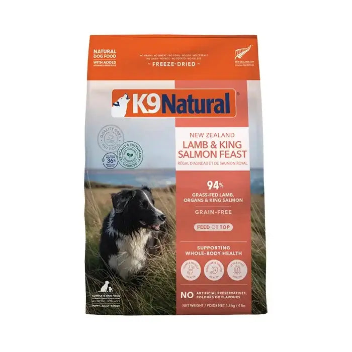 K9 Natural Grain Free Lamb & Salmon Freeze Dried Raw Dog Food 1.8KG package displaying natural ingredients and dog-friendly features.