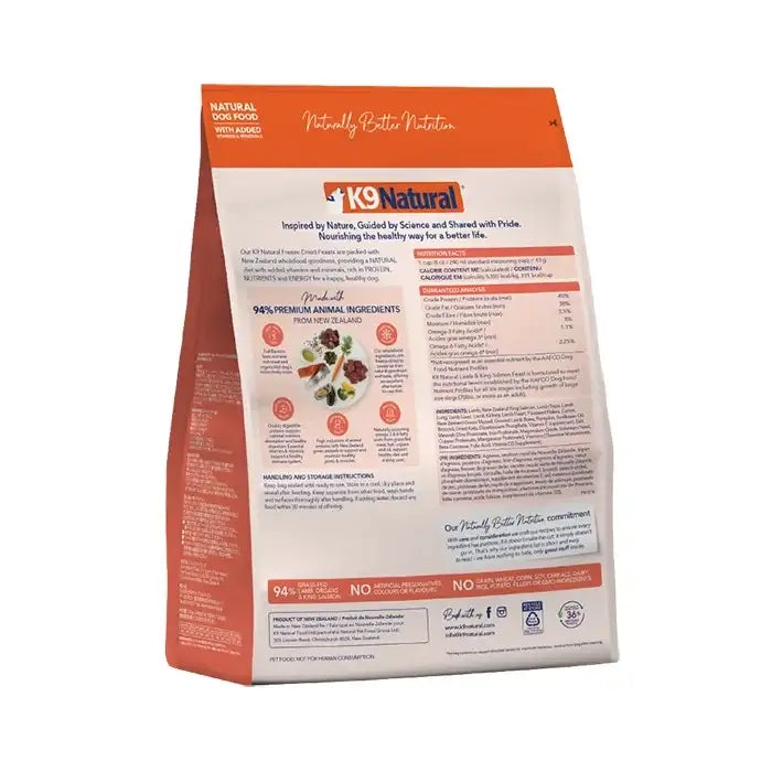 K9 Natural Grain Free Lamb & Salmon Freeze Dried Raw Dog Food 1.8KG back packaging with nutritional information.