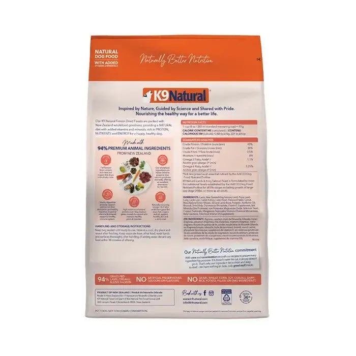 K9 Natural Grain Free Lamb & Salmon Freeze Dried Raw Dog Food 1.8KG packaging with nutritional information.