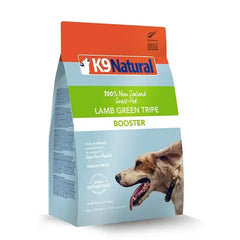 K9 Natural Raw Green Tripe Booster For Dog 200g package with dog enjoying the supplement.