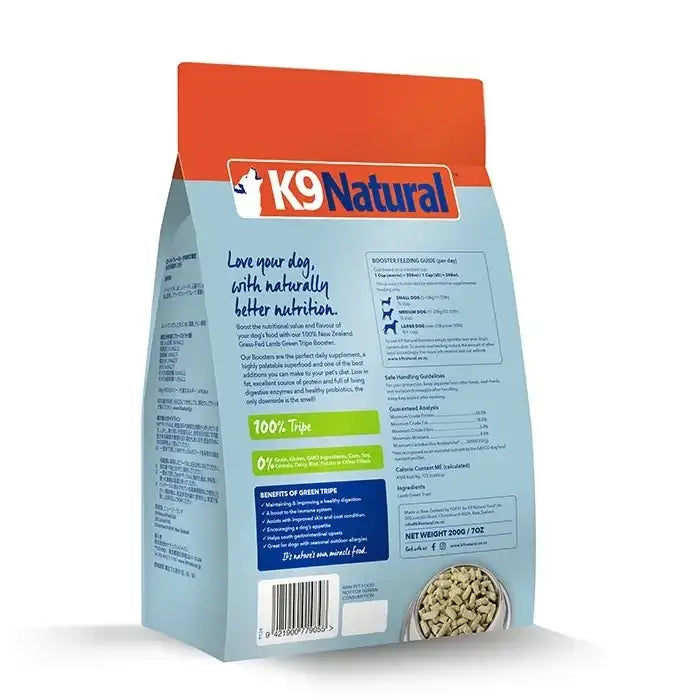 K9 Natural Raw Green Tripe Booster For Dog 200g package showcasing natural dog nutrition.