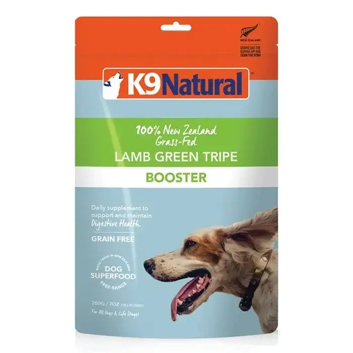 K9 Natural Raw Green Tripe Booster For Dog 200g packaging with a dog and tripe description for health benefits.