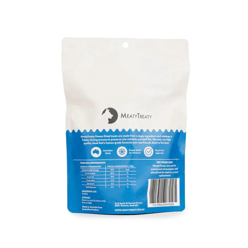 Meaty Treaty Whole Sardine Freeze Dried Dog & Cat Treats 100g packaging back view with nutritional information.