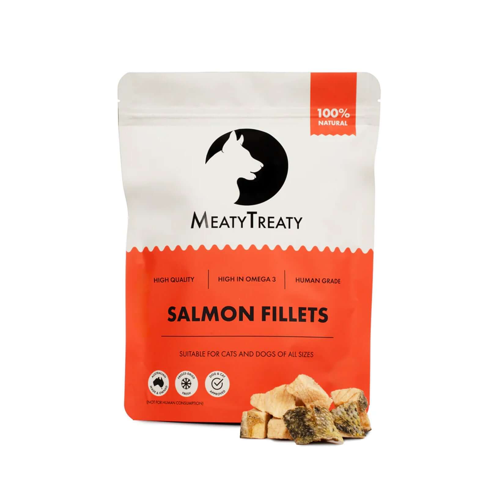 Salmon Fillet Freeze Dried Treats For Cats & Dogs 80g packaging with high quality and human grade information.