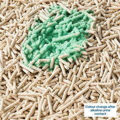 Michu Health Monitoring Cat Litter 2.5kg/6L - pH Monitoring from Acidic to Alkaline showing color change after alkaline urine contact.