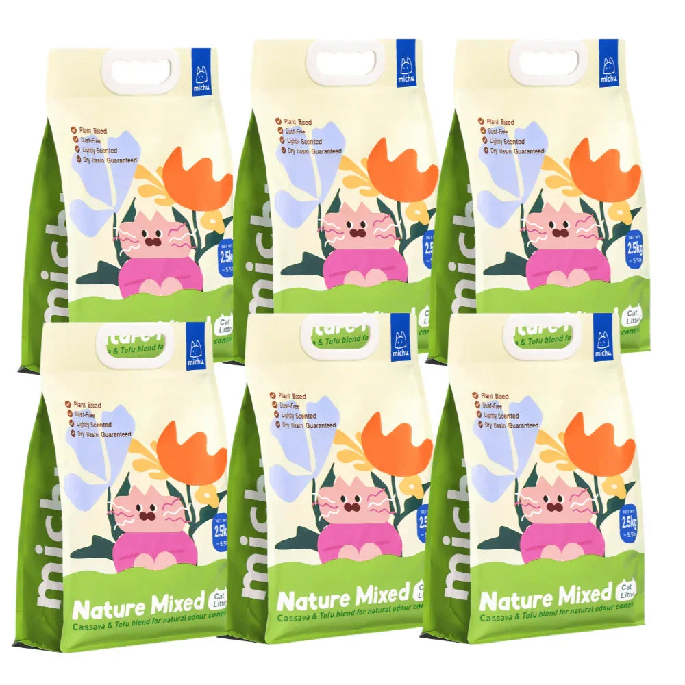 Michu Mixed Nature Plant Cat Litter –Tofu & Cassava Litter 2.5kg/6L packaging displayed in a group.