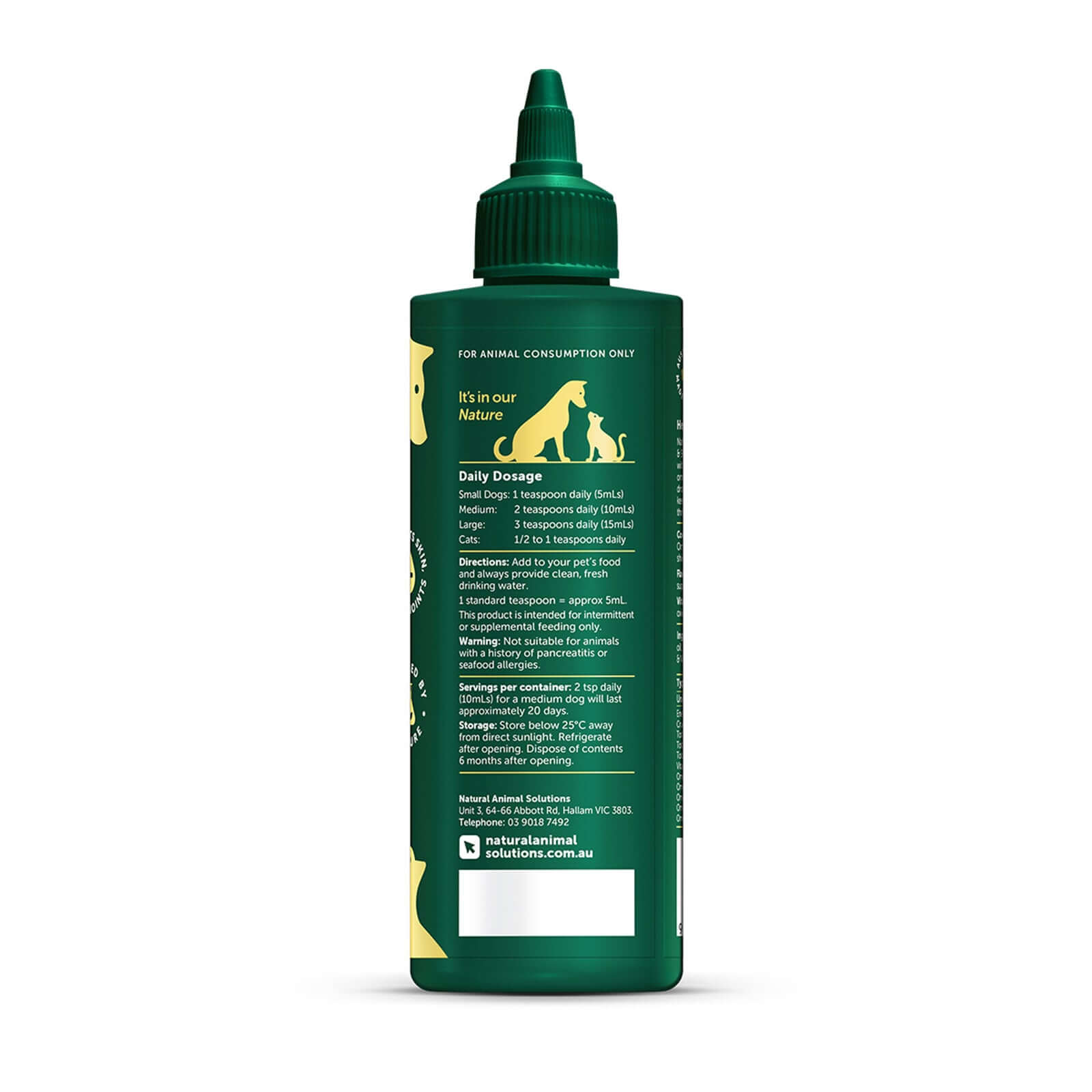 NAS Omega 3 6 & 9 Oil for Dogs & Cats 200ml bottle with dosage instructions
