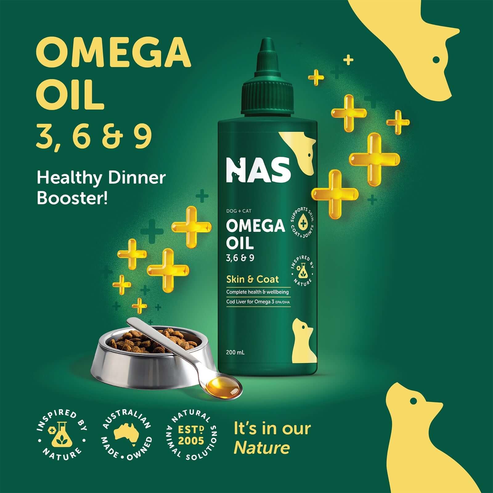 NAS Omega 3 6 & 9 Oil for Dogs & Cats 200ml with food bowl, promoting healthy skin and coat.