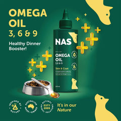 NAS Omega 3 6 & 9 Oil for Dogs & Cats 200ml with food bowl, promoting healthy skin and coat.