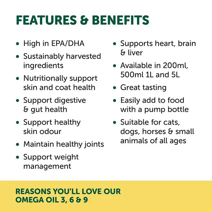 NAS Omega 3 6 & 9 Oil for Dogs & Cats 200ml features benefits high in EPA DHA support health