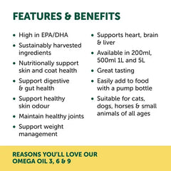 NAS Omega 3 6 & 9 Oil for Dogs & Cats 200ml features benefits high in EPA DHA support health