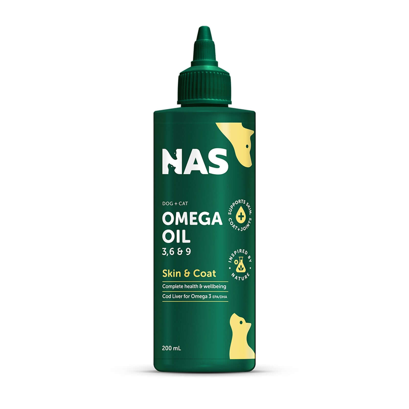 NAS Omega 3 6 & 9 Oil for Dogs & Cats 200ml, promoting skin and coat health in pets.