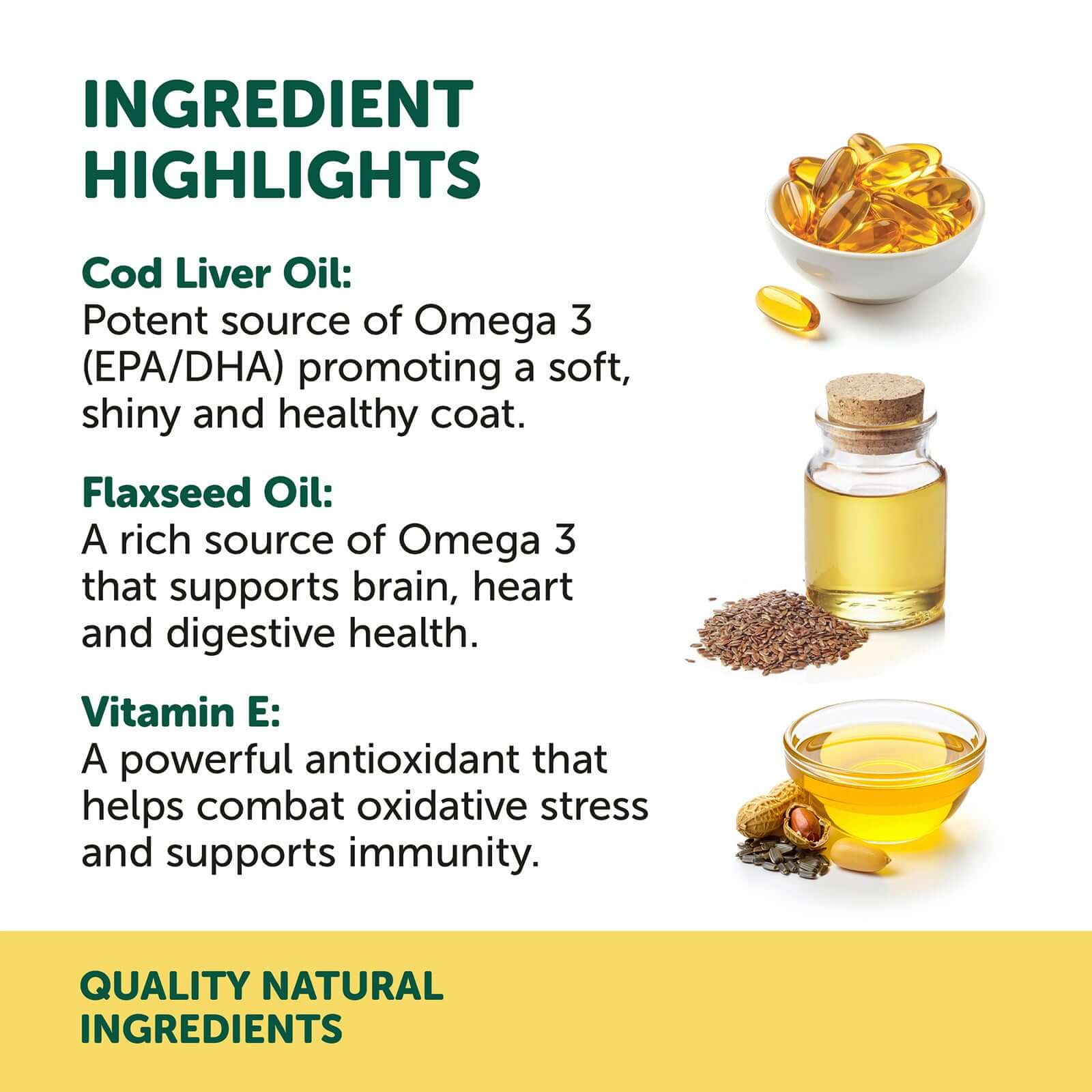 Ingredient highlights of NAS Omega 3 6 & 9 Oil for Dogs & Cats 200ml, including Cod Liver Oil, Flaxseed Oil, and Vitamin E.