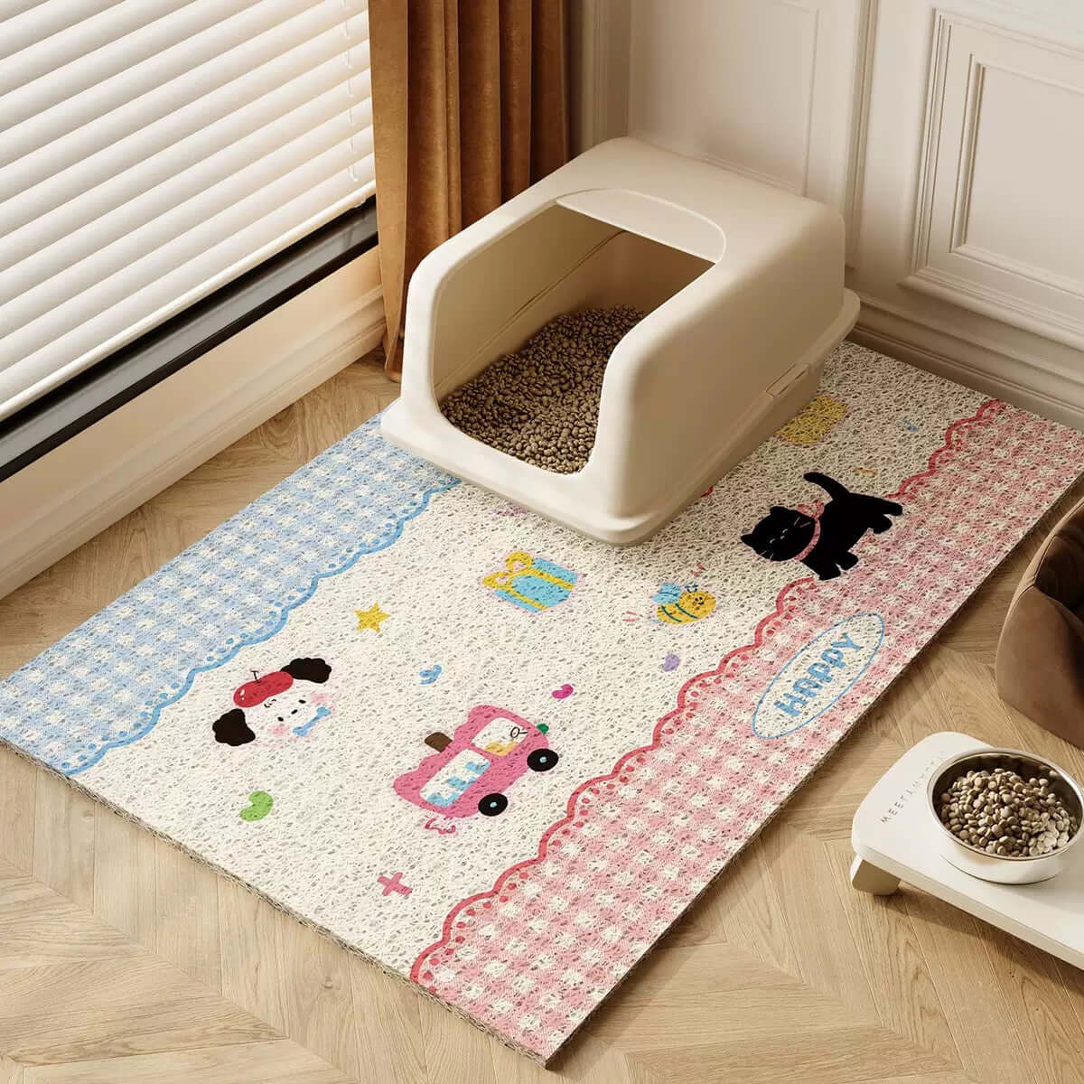 Non-Slip Easy Clean PVC Cat Litter Mat Pink placed near a cat litter box in a cozy home setting.