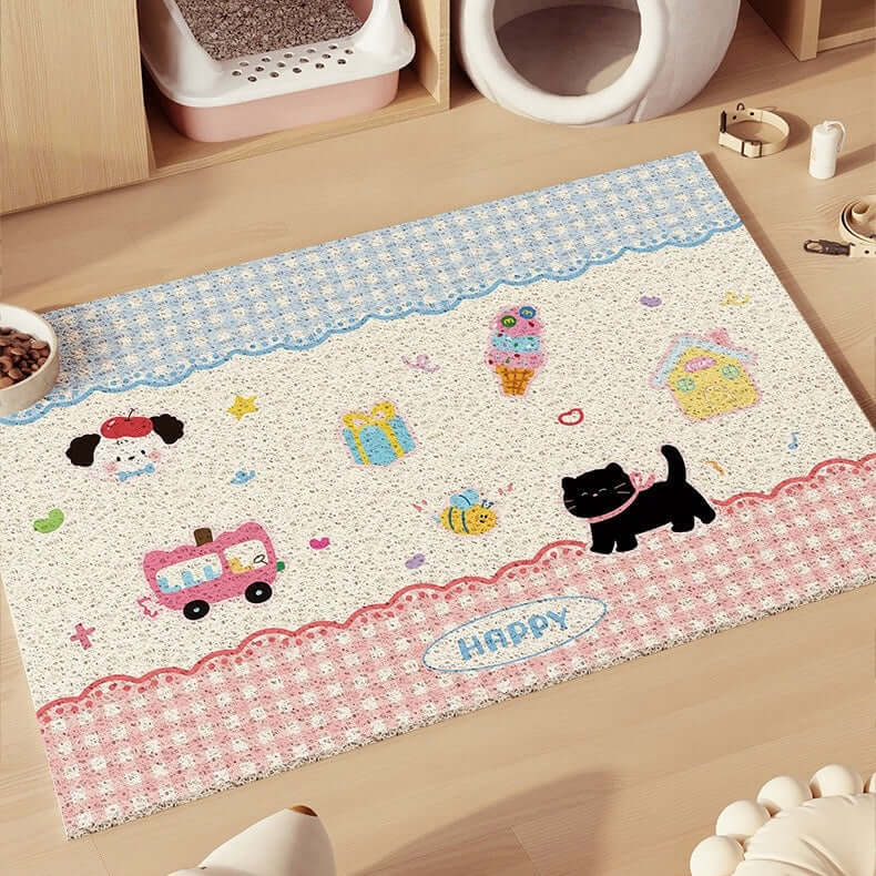 Non-Slip Easy Clean PVC Cat Litter Mat Pink featuring cute designs of cats, cars, and playful colors for home decor.