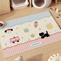 Non-Slip Easy Clean PVC Cat Litter Mat Pink featuring cute designs of cats, cars, and playful colors for home decor.