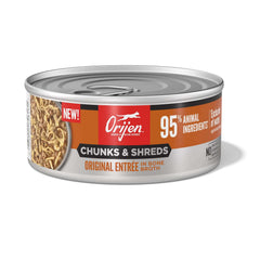 ORIJEN Original Chunks & Shreds Adult Wet Cat Food 155g ×6 can with 95% animal ingredients and bone broth.