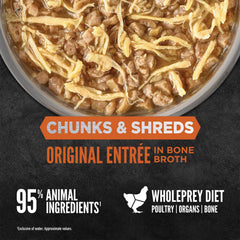 ORIJEN Original Chunks & Shreds Adult Wet Cat Food 155g ×6 in a bowl, showcasing chunks and shreds in rich bone broth.