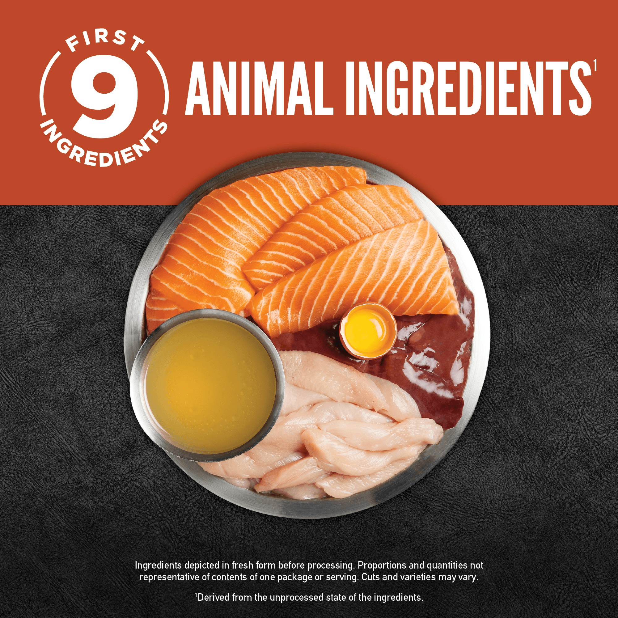 Orijen Salmon & Chicken Chunks & Shreds Adult Wet Cat Food 155g ×6 showing fresh animal ingredients.