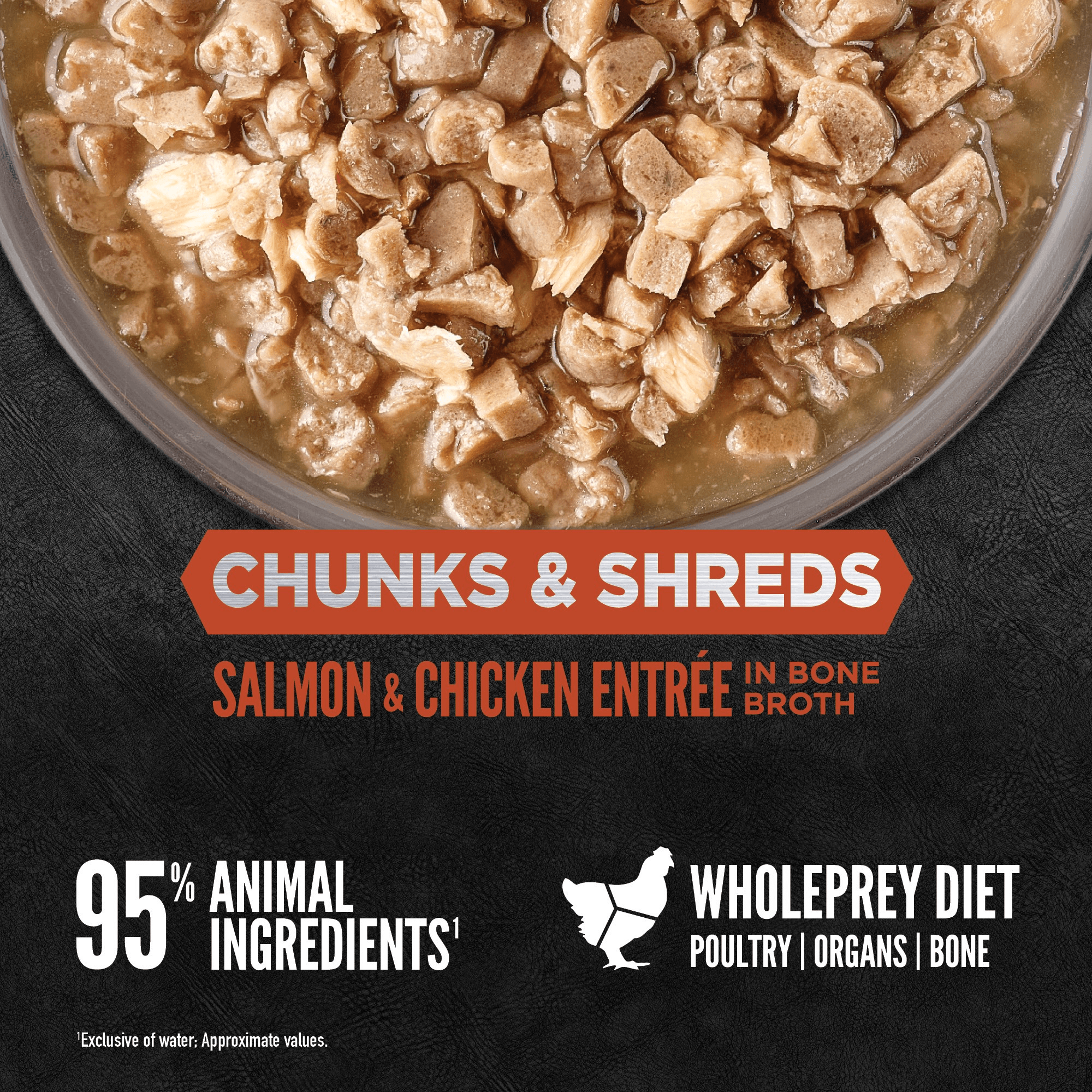 Orijen Salmon & Chicken Chunks & Shreds Adult Wet Cat Food 155g ×6 in a bowl with a chunky texture
