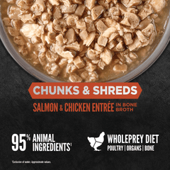 Orijen Salmon & Chicken Chunks & Shreds Adult Wet Cat Food 155g ×6 in a bowl with a chunky texture
