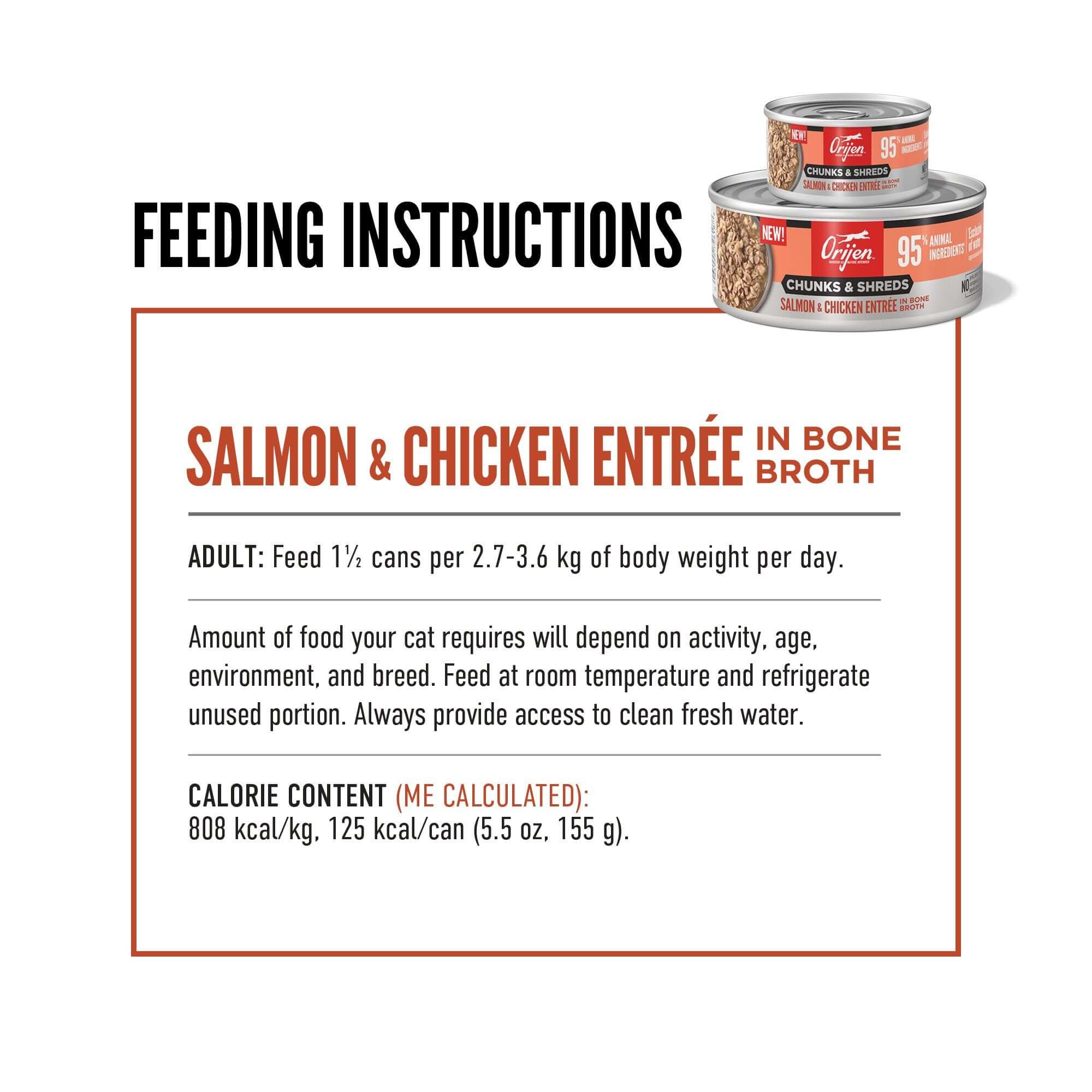 Feeding instructions for Orijen Salmon & Chicken Chunks & Shreds Adult Wet Cat Food 155g ×6, including calorie content.