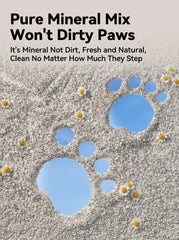 Pure Mineral Mix Cat Litter showing clean paw prints on fresh mineral litter, emphasizing no dirty paws.