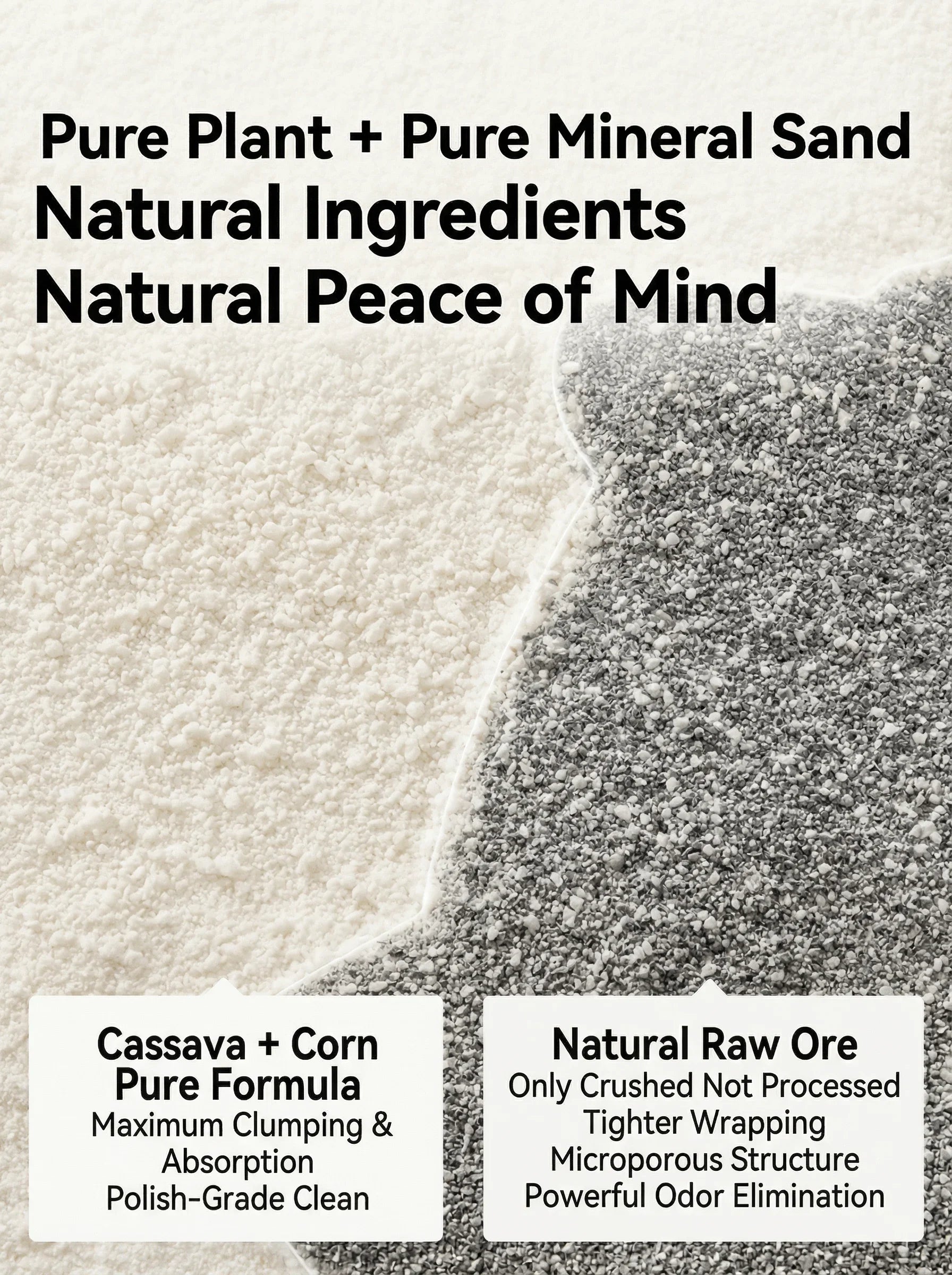 Pure Plant + Pure Mineral Sand cat litter featuring Cassava & Corn Pure Formula and Natural Raw Ore for odor elimination.