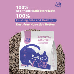 A bag of Purr Haven Green Tea Cat Litter displayed on top of loose cat litter pellets against a solid lavender background, with promotional text highlighting eco-friendly and flushing safe qualities.
