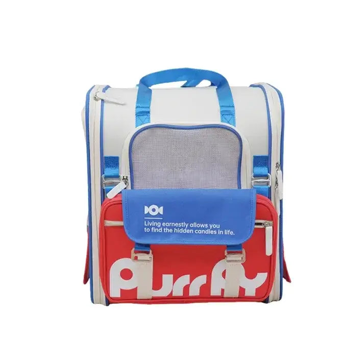 Red and blue pet carrier backpack with mesh window and 'Purr' text, ideal for cats and dogs